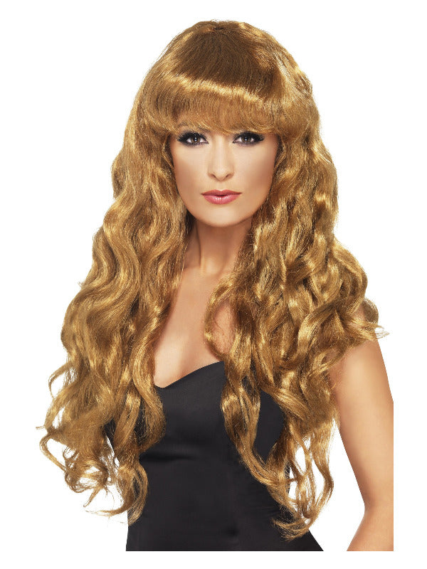 Long Brown Curly Siren Wig with fringe.