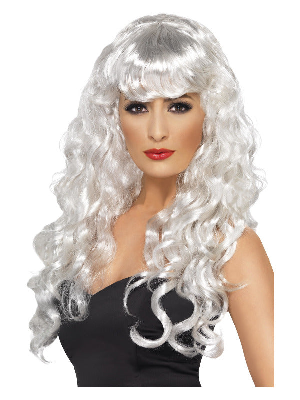 Long White Curly Siren Wig with fringe.