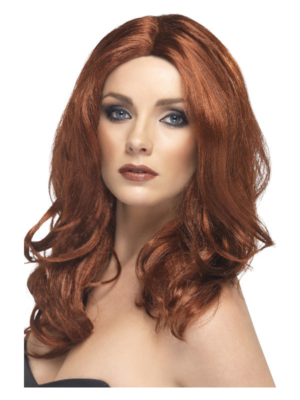 Long Auburn Superstar Wig. Long, wavy with skin parting.