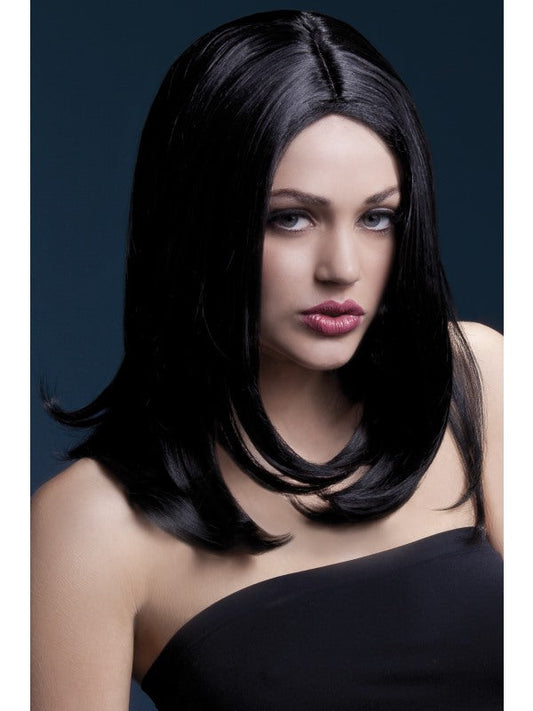 Fever Sophia Professional Quality Synthetic Wig. Black. Long, layered with centre skin parting and professional wig cap. 43cm. Styleable and heat resistant to 120C/248F.