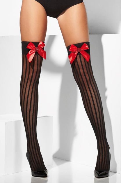 Ladies Opaque Black Hold-Up Stockings with Vertical Stripes, Red Bow and Sequin Heart.