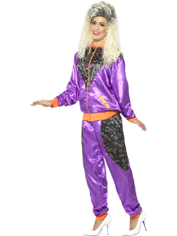 Ladies 1980s Purple Retro Shell Suit Costume includes jacket and trousers