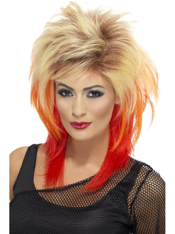 Ladies 80s Mullet Wig. Blonde with red streaks.