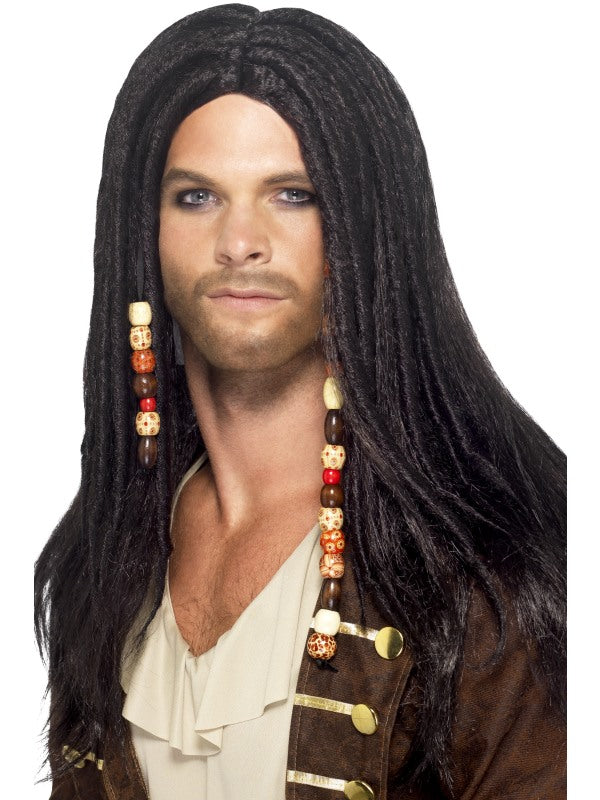 Long Black Pirate Wig, Black with Beads
