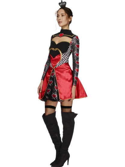 Ladies Fever Queen of Hearts Ladies Fancy Dress Costume includes dress with attached underskirt and mini crown. Seriously seductive when worn with your best evil smile.