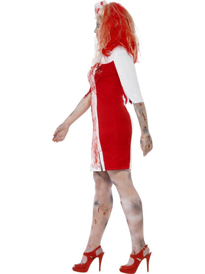 Curves Zombie Nurse Ladies Halloween Costume includes dress with flattering leg split and headpiece