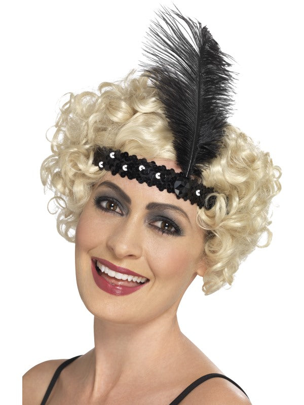 1920s Flapper Black Sequin Headband with feather