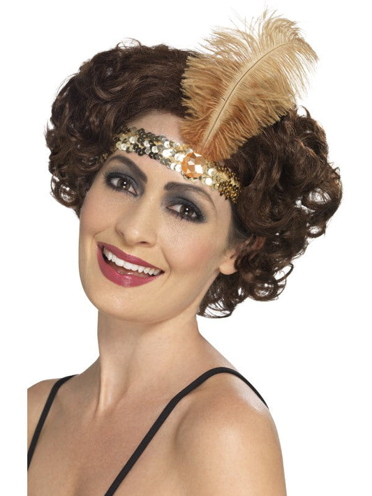 1920s Flapper Gold Sequin Headband with feather