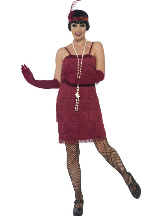 1920s Ladies Flapper Costume Burgundy includes dress, headband and gloves
