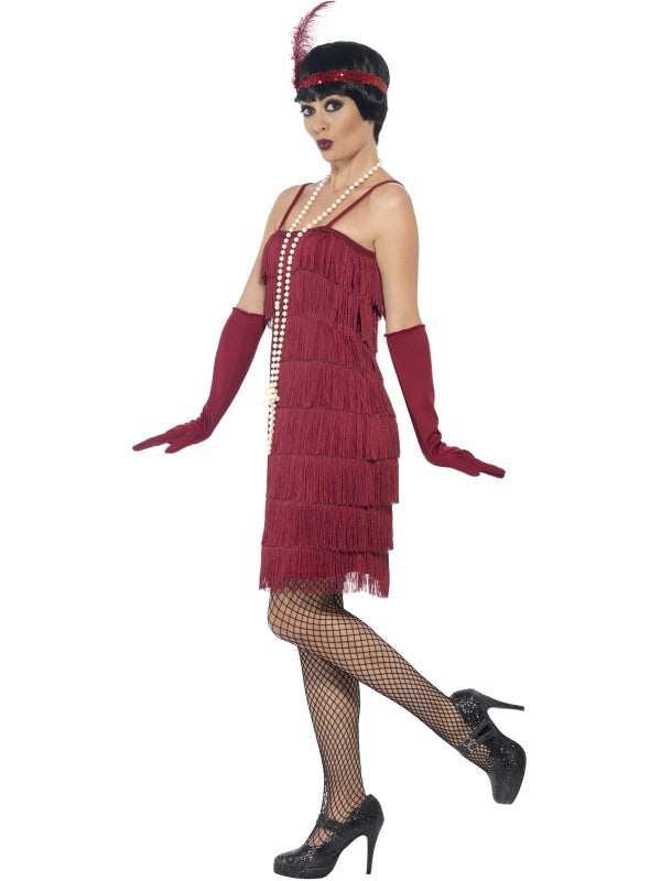 1920s Ladies Flapper Costume Burgundy includes dress, headband and gloves