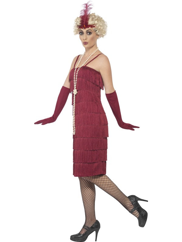1920s Ladies Long Flapper Costume Burgundy includes dress, headband and gloves