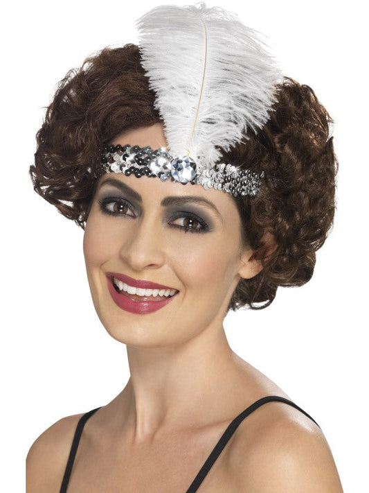 1920s Flapper Silver Sequin Headband with feather
