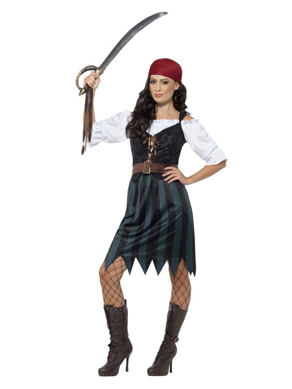 Ladies Pirate Deckhand Fancy Dress Costume includes shirt with mock waistcoat, skirt, belt and bandana