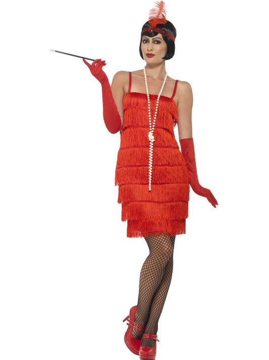 1920s Ladies Flapper Costume Red includes dress, headband and gloves