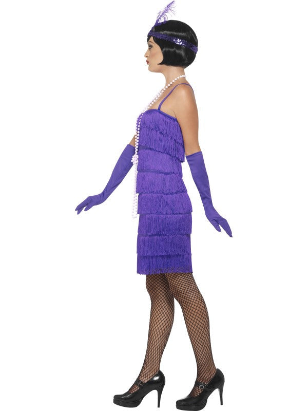 1920s Ladies Flapper Costume Purple includes dress, headband and gloves