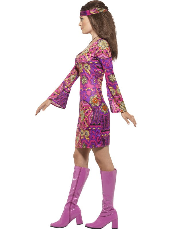 Ladies Woodstock Hippy Chick Fancy Dress Costume includes, dress, headscarf and medallion