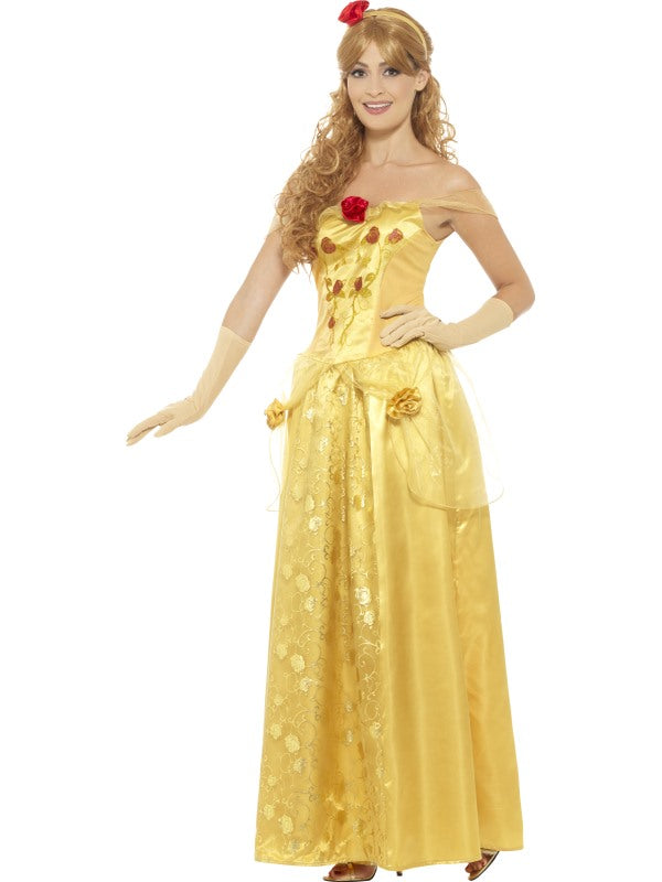 Ladies Golden Princess Fairytale Belle Costume includes long gold dress, gloves and headband