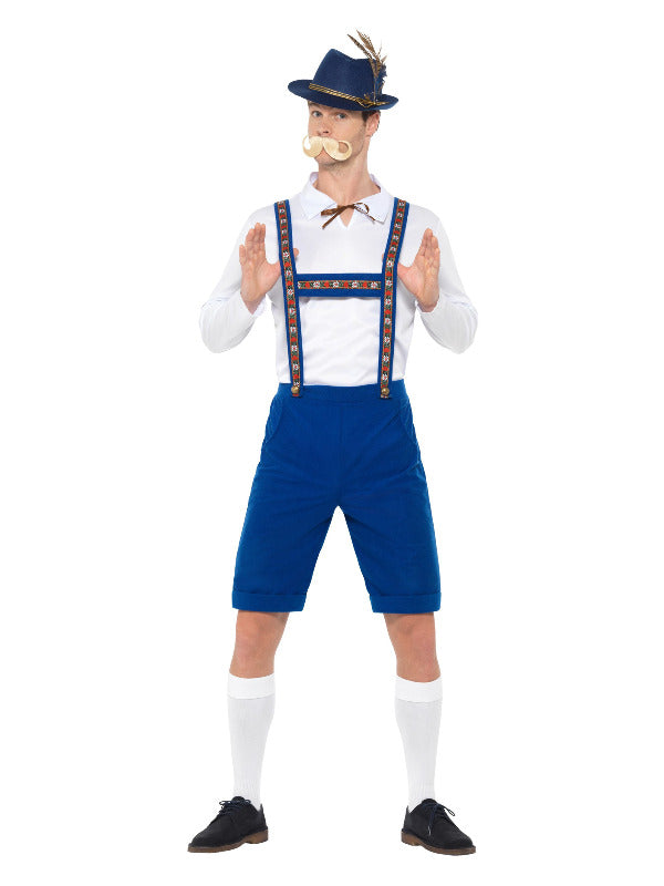 Blue Bavarian Costume includes shirt and lederhosen. Hat sold separately.