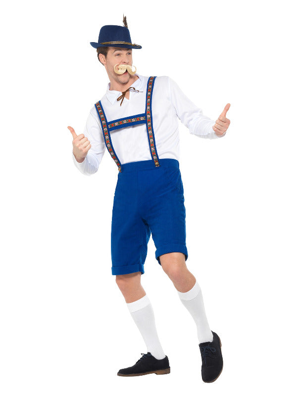 Blue Bavarian Costume includes shirt and lederhosen. Hat sold separately.