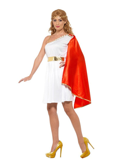 Ladies Roman Lady Fancy Dress Costume includes dress with attached cape piece and headband