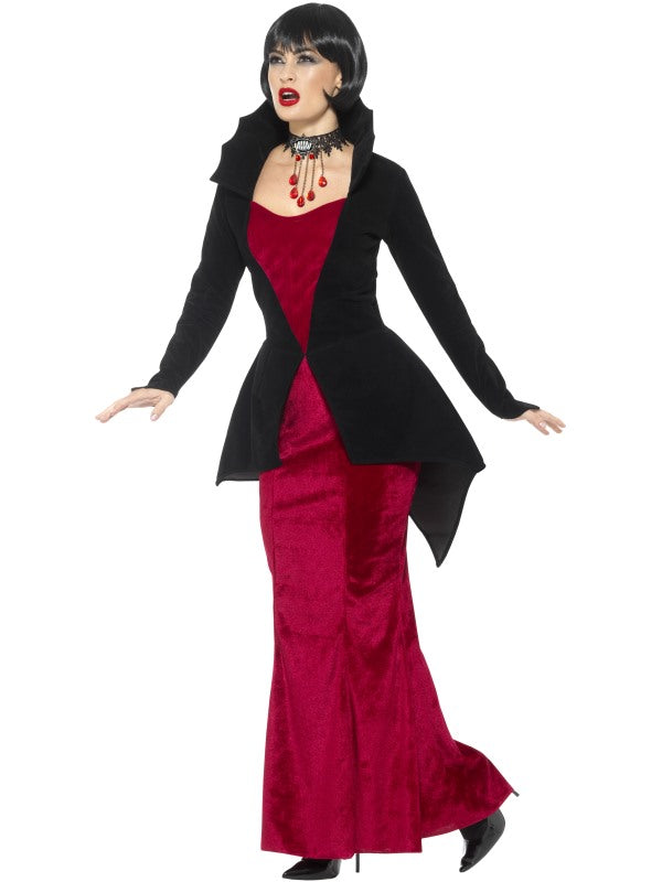 Ladies Deluxe Regal Vampiress Halloween Costume includes dress with attached jacket