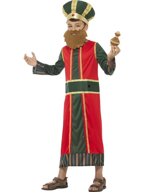 Child Nativity King Gaspar Costume includes robe, hat, beard, belt and attached frankincense bottle