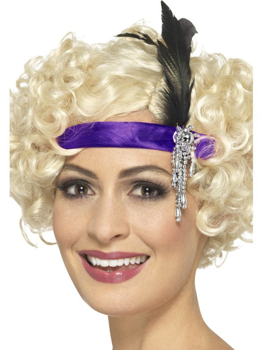 1920s Purple Satin Charleston Flapper Headband with feather and jewel detail.