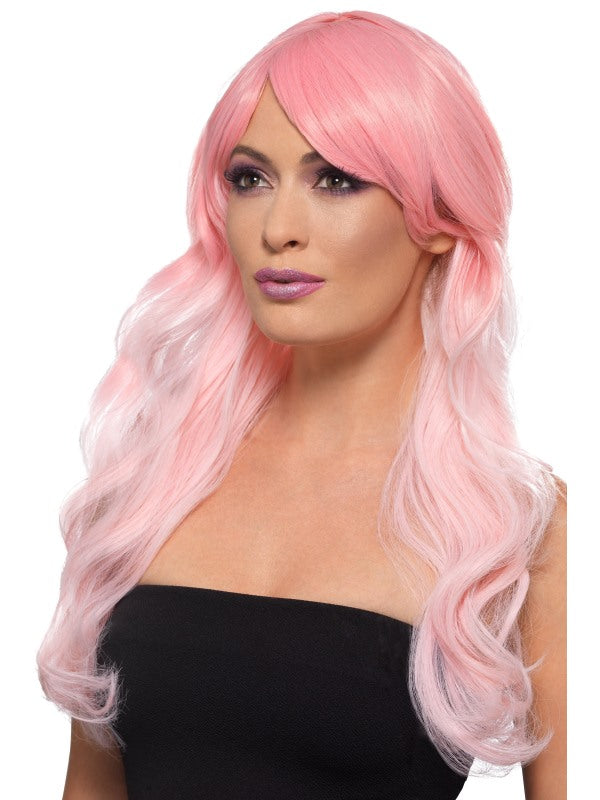 Long, Curly Pink Fashion Ombre Wig. Heat-resistant and styleable.