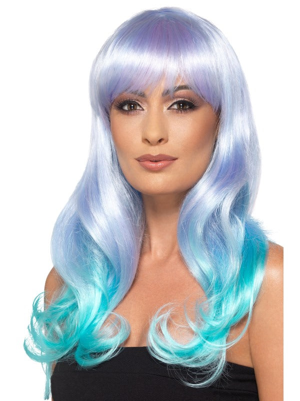 Long, Wavy Fashion Unicorn Pastel Ombre Wig. Heat-resistant and styleable.