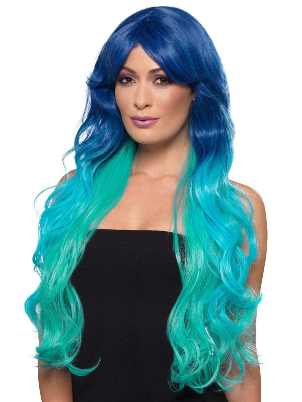 Extra-Long Blue Wavy Ombre Effect Fashion Mermaid Wig. Heat-resistant and styleable.