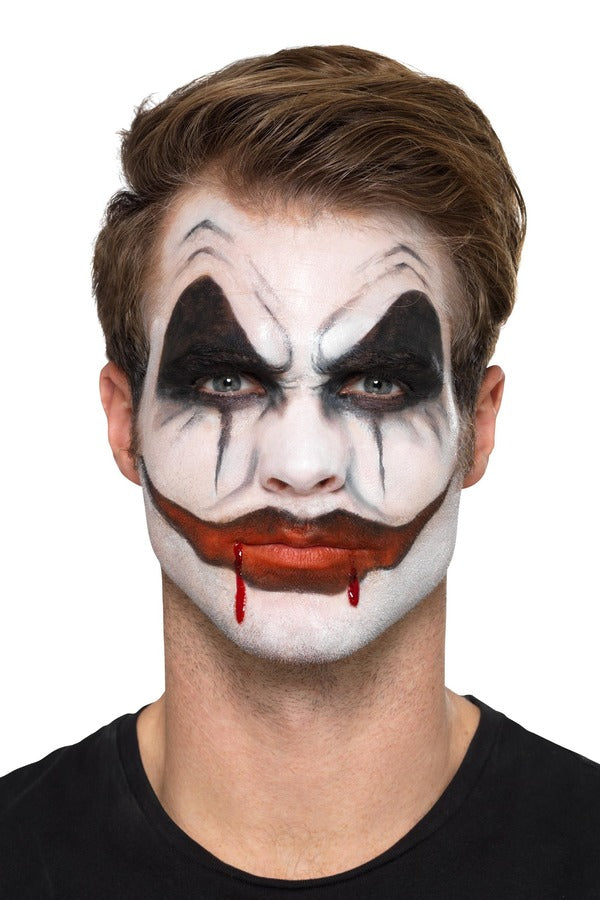 Killer Clown Cosmetic Kit includes aqua facepaints with 3 colours, blood, nose, teeth and sponge, brush