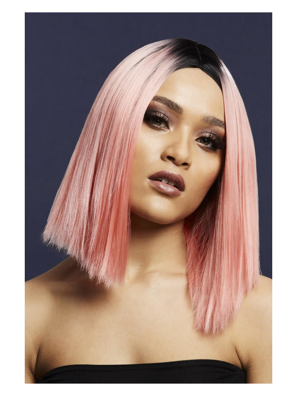 Fever Kylie Wig, Two Toned Blend, Coral Pink, Inverted Long Bob, Centre Parting, 37cm/ 15in