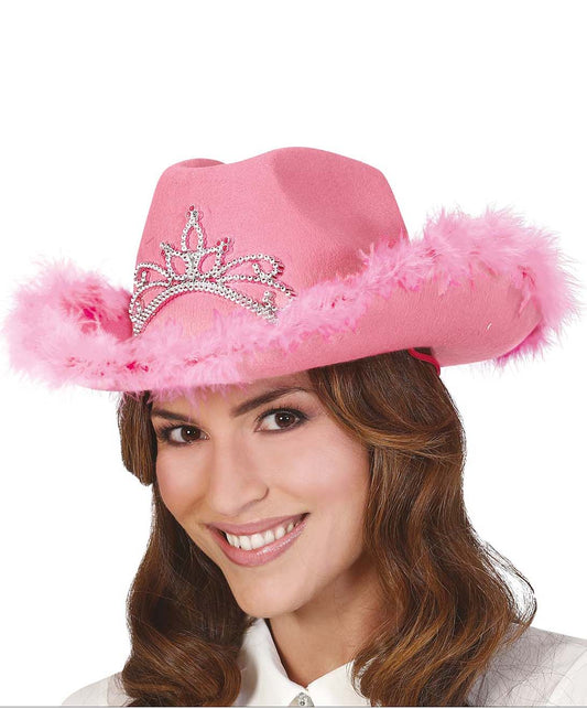 Pink Cowboy Hat with Tiara and Fur Trim