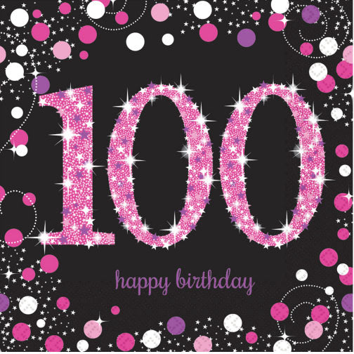 Pink Celebration 100th Lunch Napkins, Pack of 16