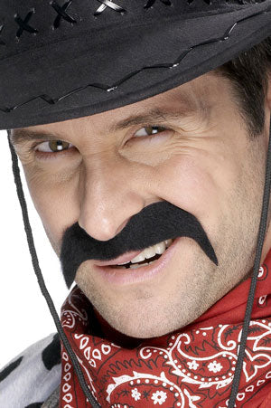 Stick on Black Cowboy Moustache. Black. Self-Adhesive.