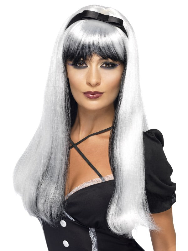 Bewitching Wig. Silver over Black with black bow.