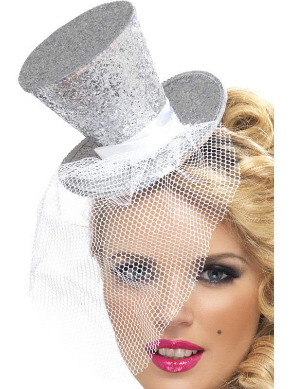 Fever Silver Mini Top Hat on headband with glitter and detachable netting.
