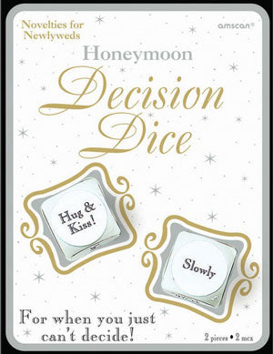 Adult Honeymoon Decision Dice (2 count) is a fun novelty for newlyweds White Dice have what to do on one die and where or how on the other die. Each Die measure approximately 3cm in diameter are made of plastic.