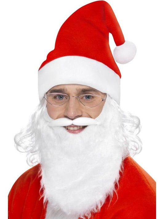 Santa Dress Up Kit, includes beard, hat with attached wig, and glasses.