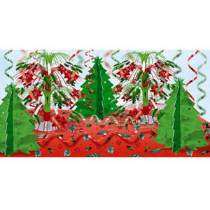 Christmas Ultimate Table decorating Kit contains 2 Foil Cascade Centrepieces 45.7cm, 3 Foil 3-D Centrepieces 43.8cm x 34.3cm, 16 Serpentine Rolls 1.8m and 66 Fabric Confetti Pieces, 14g