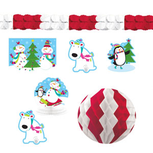 Joyful Snowman Decorating Kit includes 1 cutout, 35.5cm, 4 cutouts, 25.4cm, 2 Table centrepieces, 22.8cm, 2 Honeycomb Decorations, 25.4cm and 1 Paper Garland, 3m