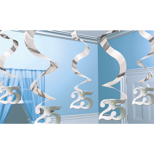 Silver Anniversary Swirl Decorations, Pack of 5