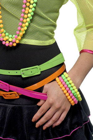 4 Fluorescent Bead Bracelets. 1 bracelet each of pink| green| orange and yellow.