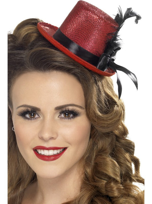 Mini Top Hat. Red with black ribbon and feather
