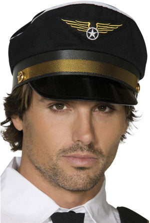 Black Airline Pilots Hat. Black Cap with visor, gold band and logo.