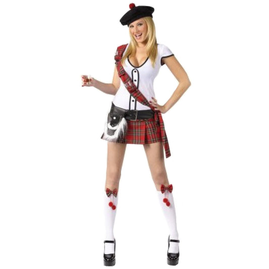 Scottie Hottie Costume includes dress, shoulder tartan with loops, belt with sporran, tam with pom, shot glasses and sock poms