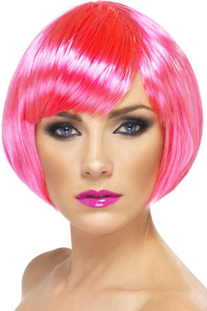 Babe Wig. Neon Pink. Short bob with fringe.