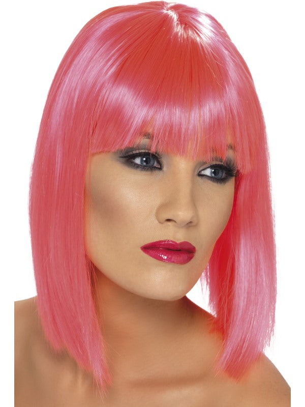 Glam Wig. Neon Pink. Short, blunt with fringe.