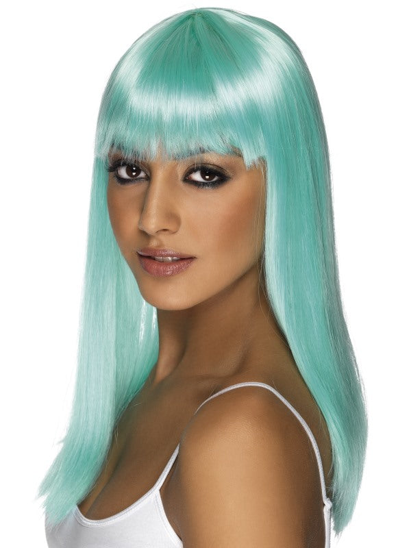 Glamourama Wig. Neon Aqua. Long, straight with fringe.