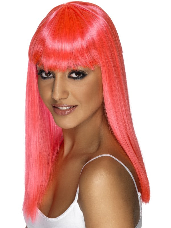 Glamourama Wig. Neon Pink. Long, straight with fringe.